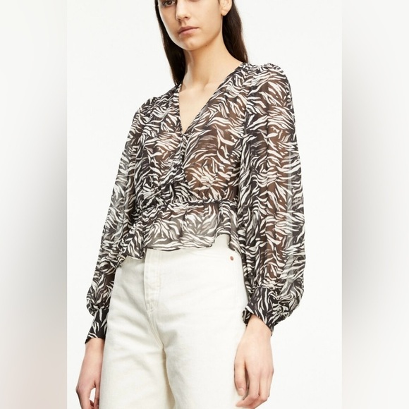The Kooples Flowing Black and White Zebra Print Sheer V Neck‎ Blouse Size Medium - Picture 2 of 15